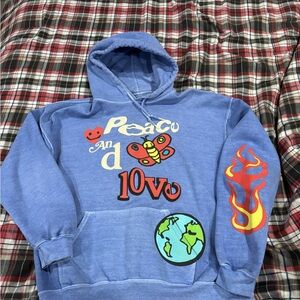 PacSun Blue Graphic 'Peace and Love' Hoodie with Flame Sleeve
